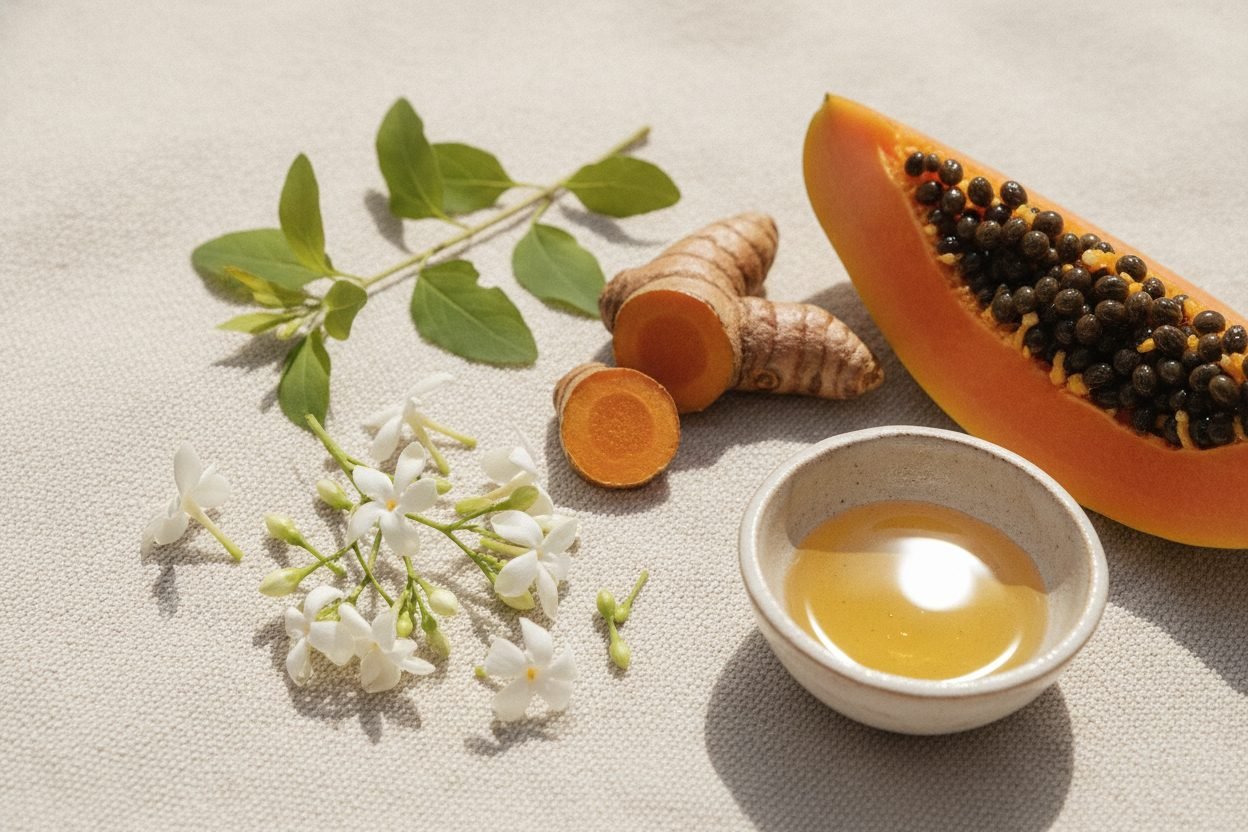 Fresh Hawaiian skincare botanicals on cream linen: white pikake jasmine, sliced turmeric root, a wedge of papaya, a green herb sprig and a small dish of golden oil.