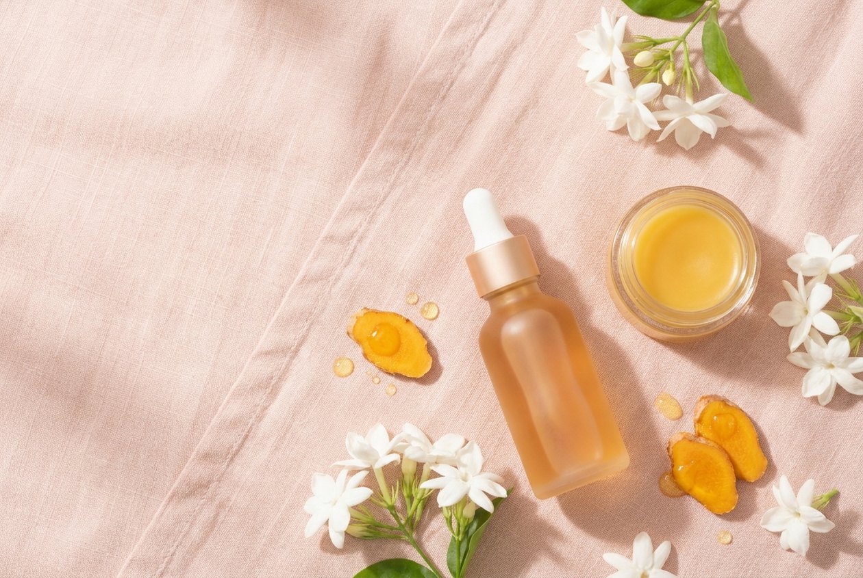A frosted-amber dropper bottle and a jar of golden balm on soft blush linen, surrounded by white pikake jasmine flowers, sliced turmeric root and drops of facial oil.